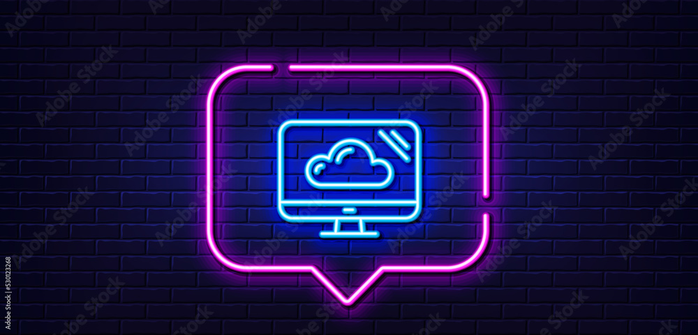 Neon light speech bubble. Computer line icon. Cloud storage service sign. Monitor symbol. Neon light background. Cloud storage glow line. Brick wall banner. Vector Neon light speech bubble. Computer line icon. Cloud storage service sign. Monitor symbol. Neon light background. Cloud storage glow line. Brick wall banner. Vector