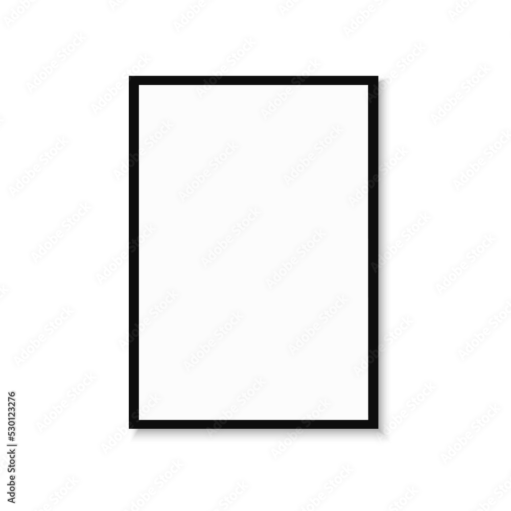Realistic photo frame with black border and shadow. Isolated on white background. Minimalistic geometric design. Empty space for your content. Can be used like mockup, template, poster, card etc