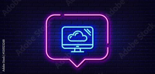 Neon light speech bubble. Computer line icon. Cloud storage service sign. Monitor symbol. Neon light background. Cloud storage glow line. Brick wall banner. Vector