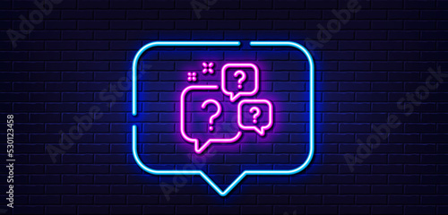 Neon light speech bubble. Question bubbles line icon. Ask help sign. Faq questionnaire symbol. Neon light background. Question bubbles glow line. Brick wall banner. Vector