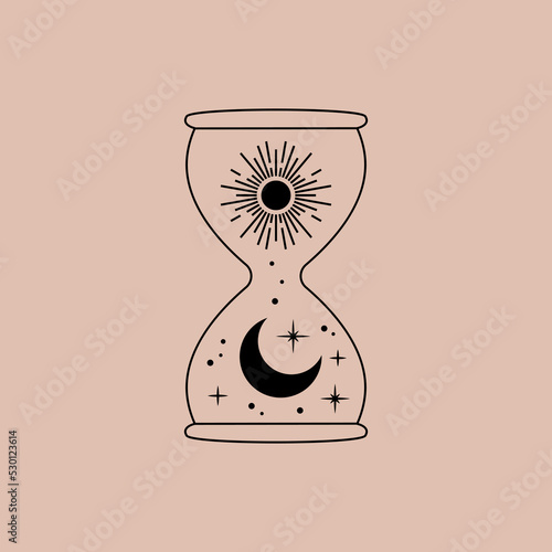 Abstract magic sandglass logo. Boho linear emblem, mystic hourglass moon sun stars, simple astrology design. Vector