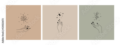 Abstract female hands logo. Hand drawn boho feminine fingers with flower, moon shapes. Linear vector illustration