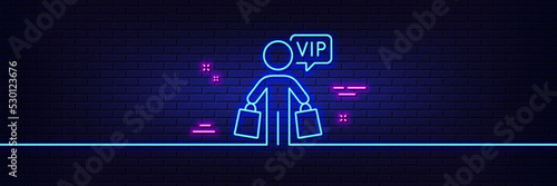 Neon light glow effect. Vip shopping bags line icon. Very important person sign. Member club privilege symbol. 3d line neon glow icon. Brick wall banner. Vip shopping outline. Vector