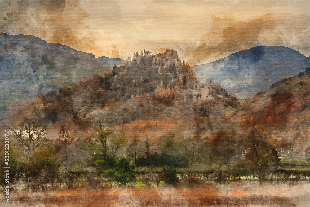 Digital watercolour painting of Stunning Autumn landscape sunrise image looking towards Borrowdale Valley from Manesty Park in Lake District with fog rolling across the landscape