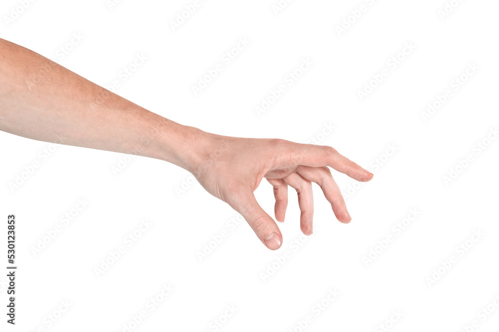Realistic human hand showing gesture. White skin man arm isolated on transparent background. Hand fingers pinching grabing something small