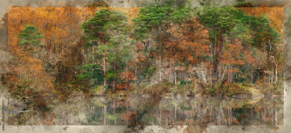 Obraz premium Digital watercolour painting of Beautiful Lake District forest landscape of Manesty Park during vibrant Autumn Fall colors scene