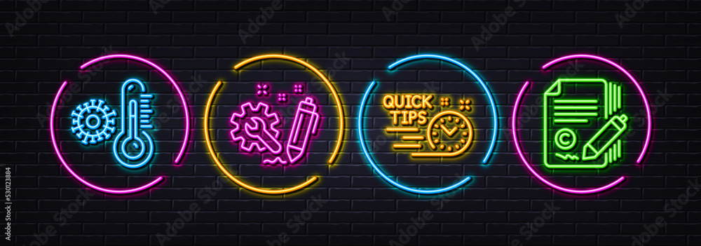 Engineering, Quick tips and Thermometer minimal line icons. Neon laser 3d lights. Copywriting icons. For web, application, printing. Construction, Helpful tricks, Covid temperature. Vector