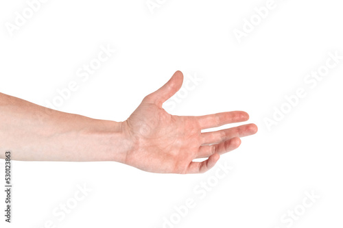 Realistic human hand showing gesture. White skin man arm isolated on transparent background
