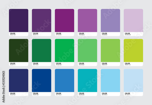 Modern color palette swatch set. Trendy blue green purple colour catalog samples. Vector illustration