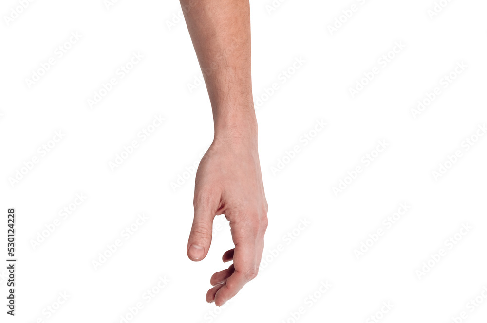 Realistic human hand showing gesture. White skin man arm isolated on transparent background