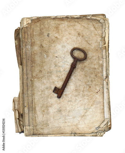 Worn and tattered book and old rusty key on transparent background photo