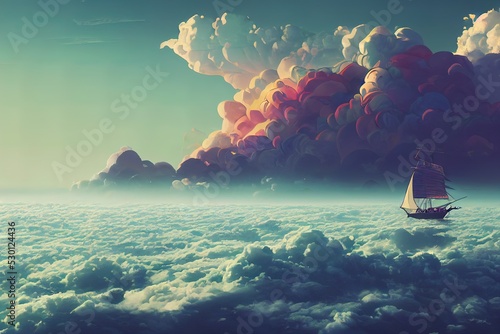 Ship sailing trough the clouds. Digital art of a boat flying trought the sky. Fantasy dream illustration. photo