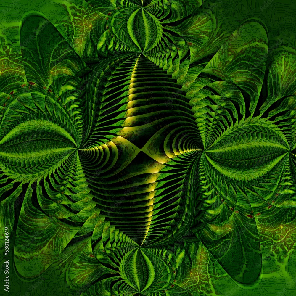 complex banana leaf fractal inspired repeating shades of green spiral pattern and design