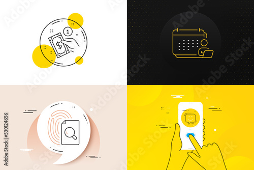 Minimal set of Payment method, Accounting and Inspect line icons. Phone screen, Quote banners. Smile face icons. For web development. Give money, Schedule report, Search document. Chat. Vector