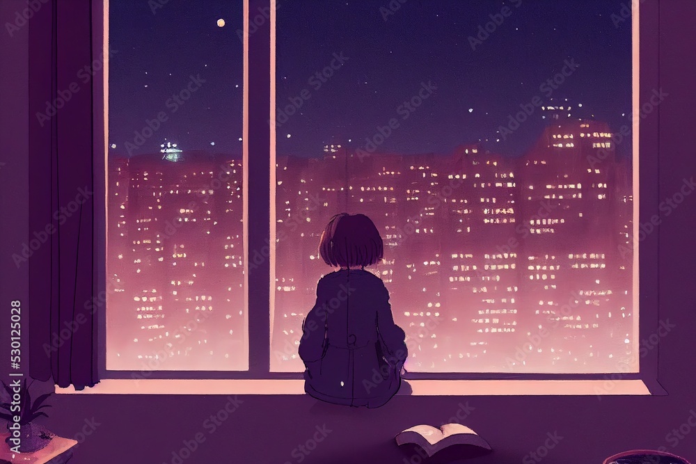 Girl looking at the city from the window. Cartoon drawing. Sad feeling