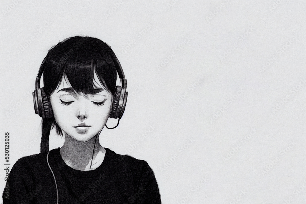 Cute Anime Girl with Headphone Digital Art Stock Illustration