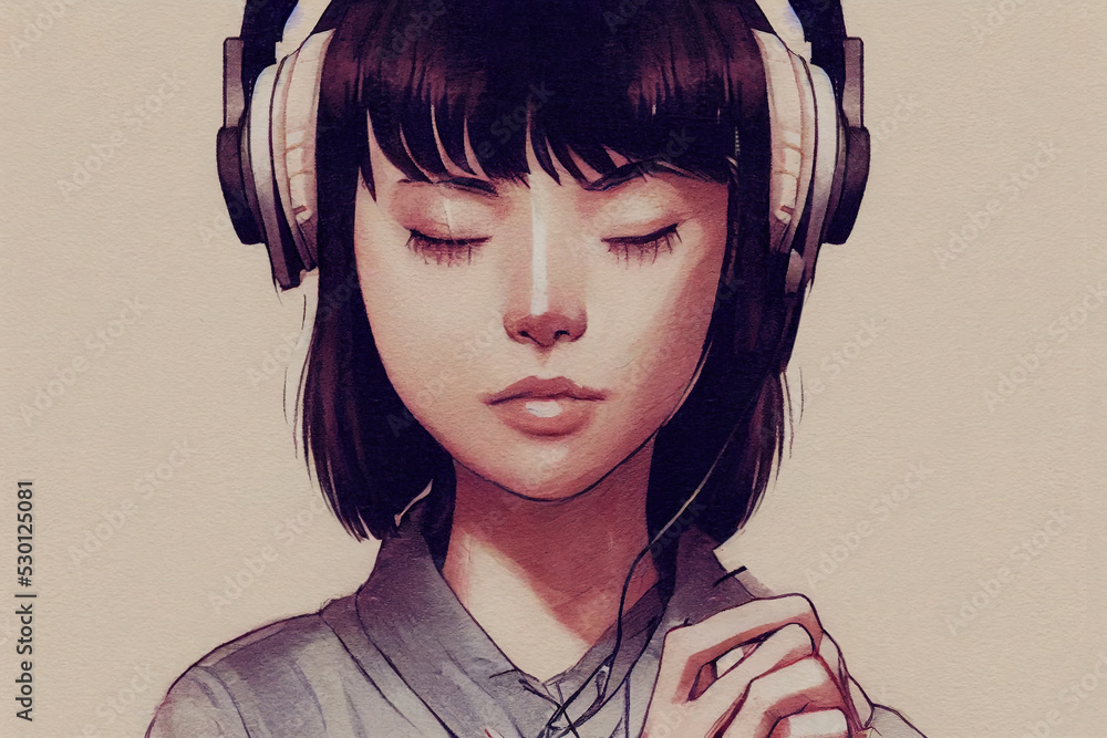 Cute Anime Girl with Headphone Digital Art Stock Illustration