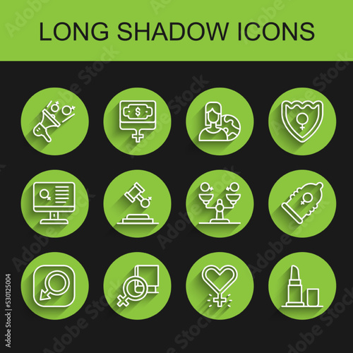 Set line Male gender, Book about women, Feminist activist, Feminism, Lipstick, Female rights, Condom and Gender equality icon. Vector