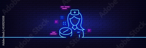 Neon light glow effect. Nurse line icon. Medicine drugs sign. Pharmacy medication symbol. 3d line neon glow icon. Brick wall banner. Nurse outline. Vector