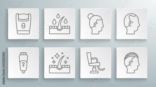 Set line Electric razor blade, Oil for hair care treatment, Barbershop chair, Hairstyle, Baldness and icon. Vector