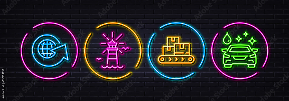 World globe, Lighthouse and Wholesale goods minimal line icons. Neon laser 3d lights. Car wash icons. For web, application, printing. Around the world, Navigation beacon, Warehouse belt. Vector