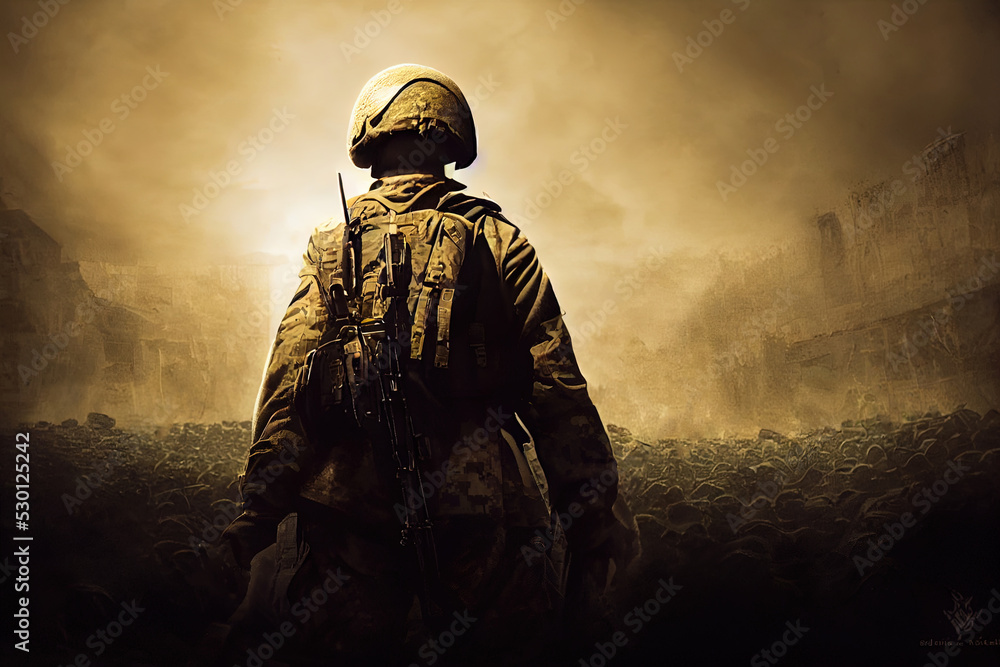 Lone soldier walking on the battlefield. Illustration of a a military ...