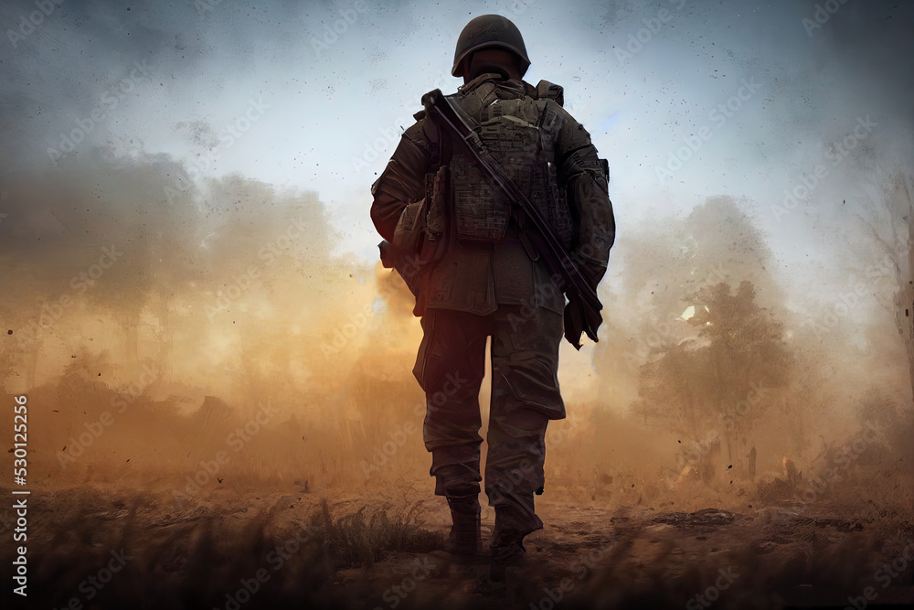 Lone soldier walking on the battlefield. Illustration of a a military man walking on an empty destroyed environment. Destruction, war scene. Smoke and fog. Sad combat feeling. Lone soldier walking on the battlefield. Illustration of a a military man walking on an empty destroyed environment. Destruction, war scene. Smoke and fog. Sad combat feeling.