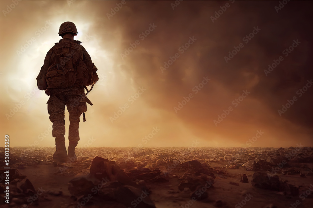 Lone soldier walking on the battlefield. Illustration of a a military