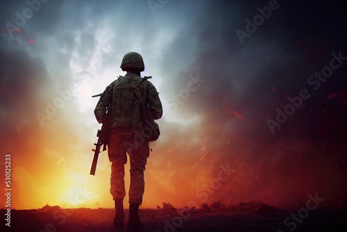 Lone soldier walking on the battlefield. Illustration of a a military man walking on an empty destroyed environment. Destruction, war scene. Smoke and fog. Sad combat feeling. photo