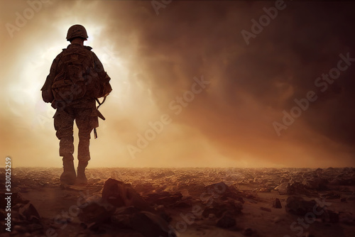 Lone soldier walking on the battlefield. Illustration of a a military man walking on an empty destroyed environment. Destruction, war scene. Smoke and fog. Sad combat feeling.