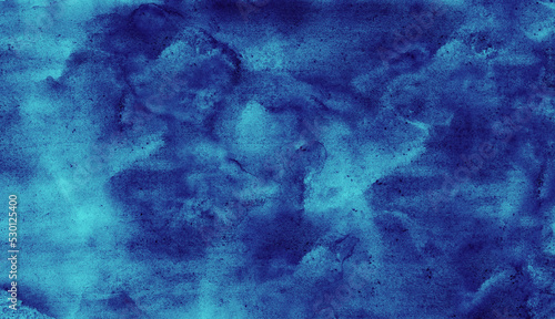 Blue turquoise abstract watercolor. Art background with space for design. It looks like a dark dramatic sky with clouds in a storm. Daub, stain, blot, splash.