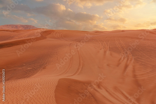 Sand desert sunset landscape view with sun disk.