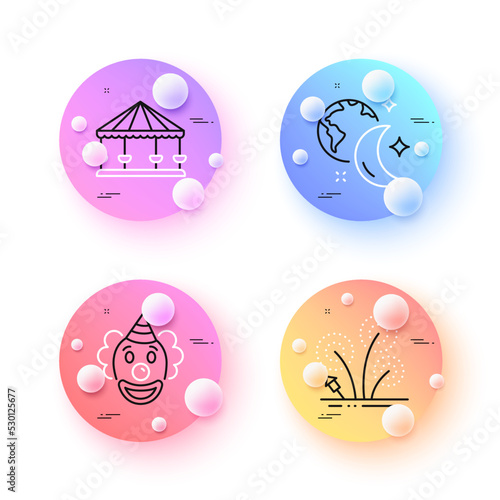Fireworks, Sleep and Carousels minimal line icons. 3d spheres or balls buttons. Clown icons. For web, application, printing. Pyrotechnic salute, World and moon, Attraction park. Vector