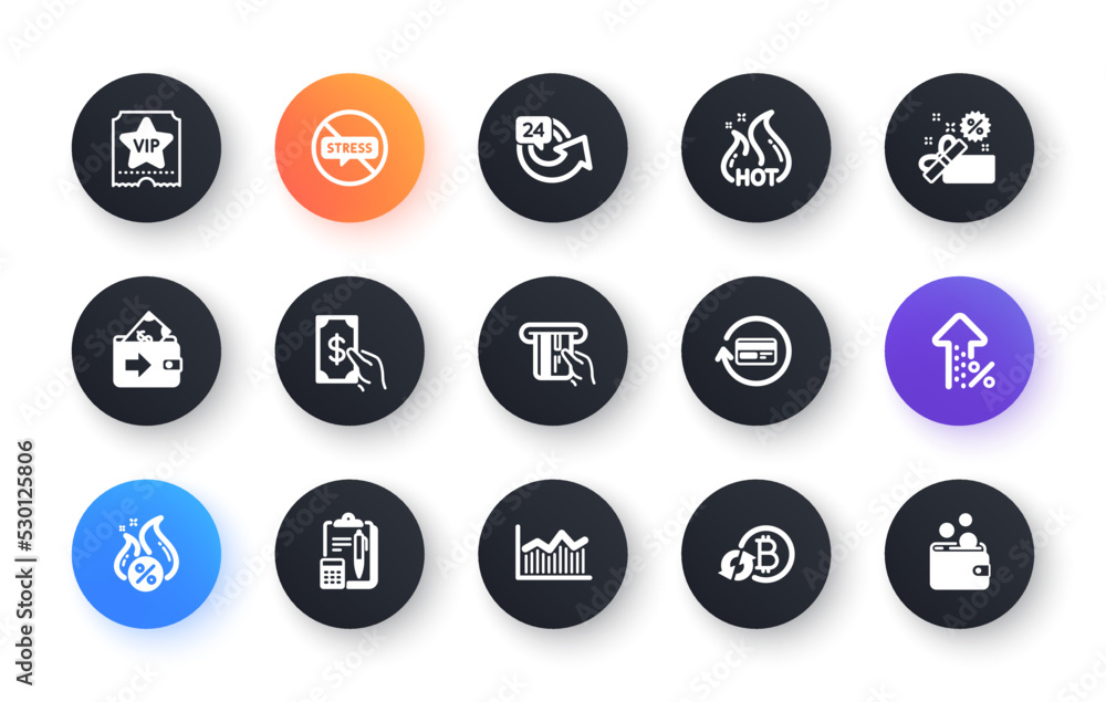 Minimal set of Vip ticket, Stop stress and Accounting flat icons for web development. Sale, 24 hours, Hot loan icons. Refund commission, Increasing percent, Receive money web elements. Vector Minimal set of Vip ticket, Stop stress and Accounting flat icons for web development. Sale, 24 hours, Hot loan icons. Refund commission, Increasing percent, Receive money web elements. Vector