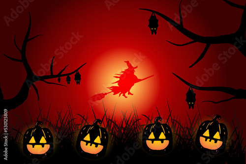 halloween background flat design with pumpkin ghost and flying witch