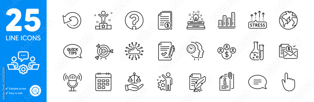 Outline icons set. Calendar, Buying currency and Chat icons. Typewriter, Accounting report, Microphone web elements. Justice scales, Question mark, Financial documents signs. Vector