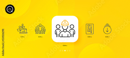 Engineering team, Teamwork and Group minimal line icons. Yellow abstract background. Scroll down, Coffee vending icons. For web, application, printing. Architect person, Networking, Managers. Vector