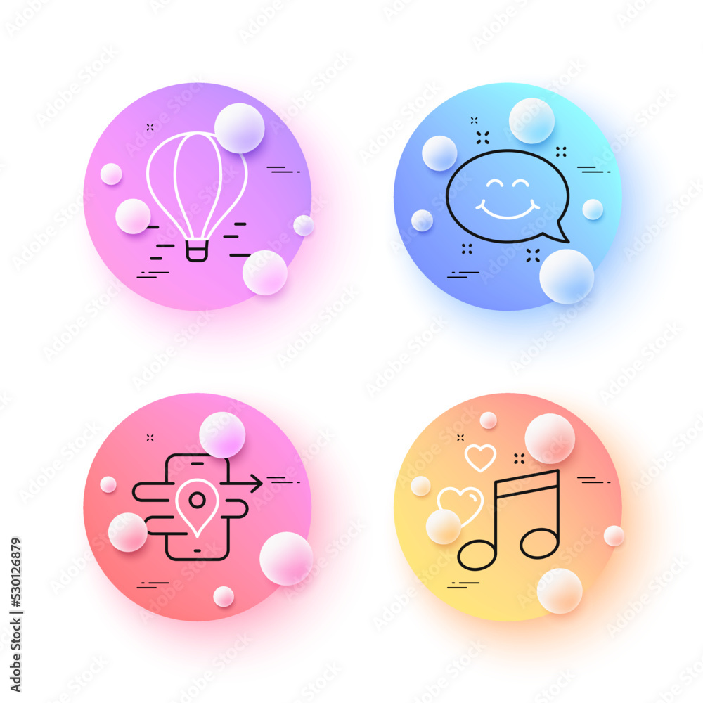 Gps, Love music and Air balloon minimal line icons. 3d spheres or balls buttons. Smile chat icons. For web, application, printing. Phone map, Musical note, Flight travel. Happy emoticon. Vector Gps, Love music and Air balloon minimal line icons. 3d spheres or balls buttons. Smile chat icons. For web, application, printing. Phone map, Musical note, Flight travel. Happy emoticon. Vector