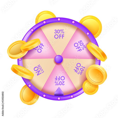 Fortune wheel game, 3D spin vector banner, flying golden coins, special gift offer roulette clipart. Business shopping sale promo, success discount concept lucky round casino game. Fortune wheel prize