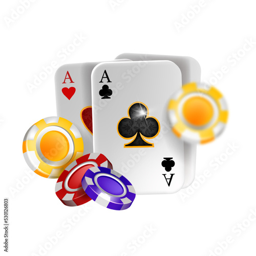 Casino poker 3D vector icon, playing ace card, flying gambling chips, Vegas tournament banner. Realistic Texas Holdem badge, online blackjack lucky illustration. Casino poker UI clipart on white