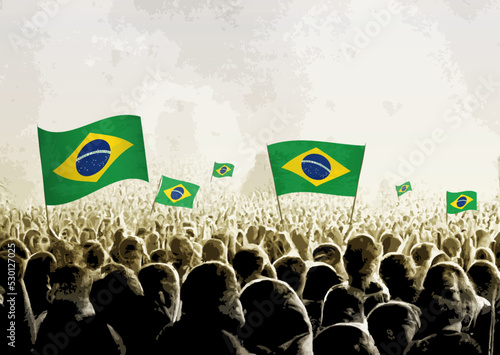 Crowd with the flags of Brazil, people cheering national team of Brazil. Ai generated illustration of crowd.