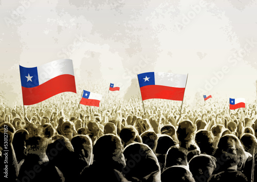 Crowd with the flags of Chile, people cheering national team of Chile. Ai generated illustration of crowd.