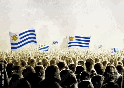 Crowd with the flags of Uruguay, people cheering national team of Uruguay. Ai generated illustration of crowd.