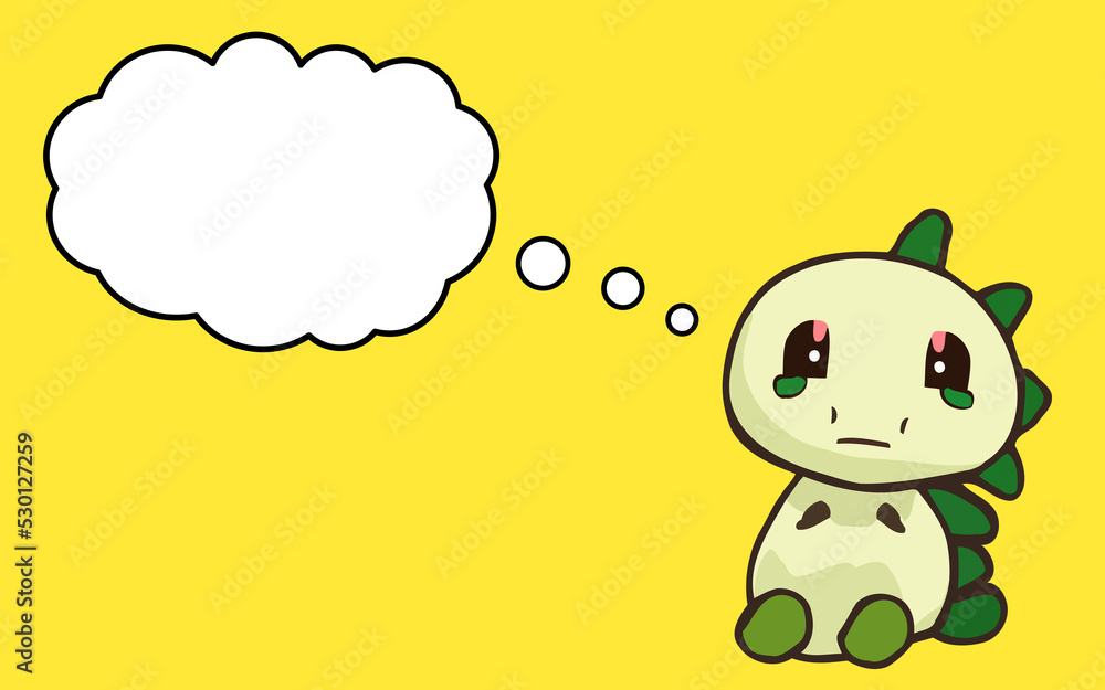 Cartoon comic of a cute dinosaur, sitting, sad and with watery eyes. An empty blank speech bubble departing from the animal. Yellow background.
