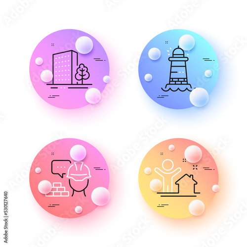 New house, Lighthouse and Build minimal line icons. 3d spheres or balls buttons. Buildings icons. For web, application, printing. Buying home, Searchlight tower, Construction service. Vector