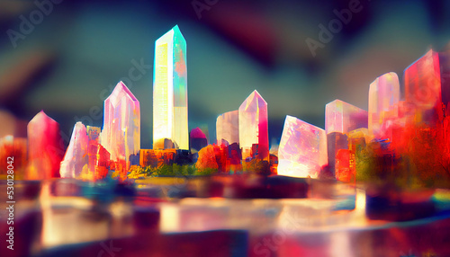 Miniature futuristic city in focus. chromatic aberration. neon lights