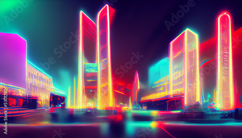 Miniature futuristic city in focus. chromatic aberration. neon lights