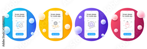 Minimal set of Medical drugs, Coronavirus and Teamwork line icons for web development. Phone ui interface mockup with balls. Swipe up icons. Medicine pills, Who, Employees change. Vector
