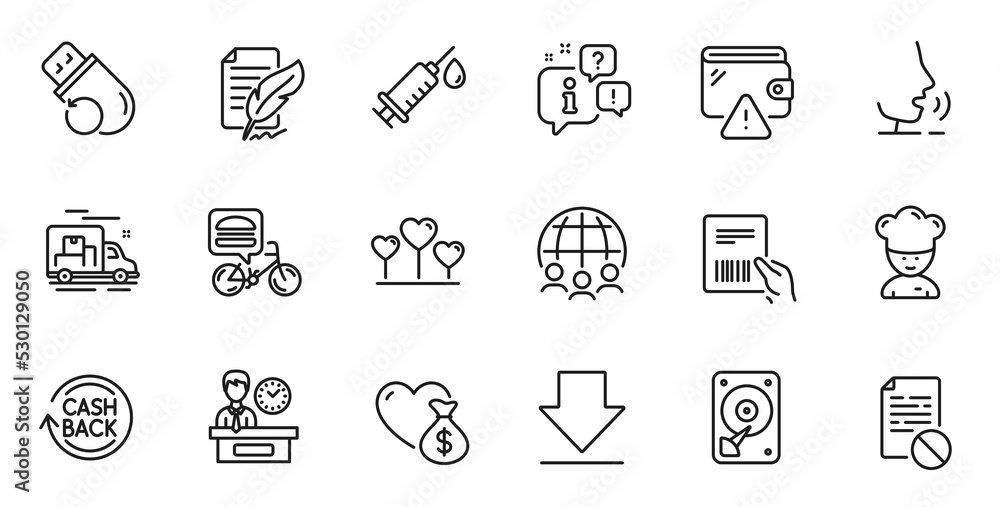 Outline set of Food delivery, Flash memory and Parcel invoice line icons for web application. Talk, information, delivery truck outline icon. Vector