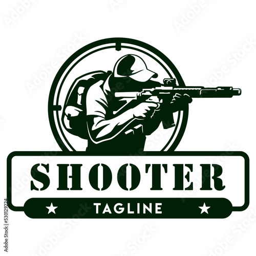 shooter with gun in the scope frame, vector, logo, cartoon, mascot, character, illustration